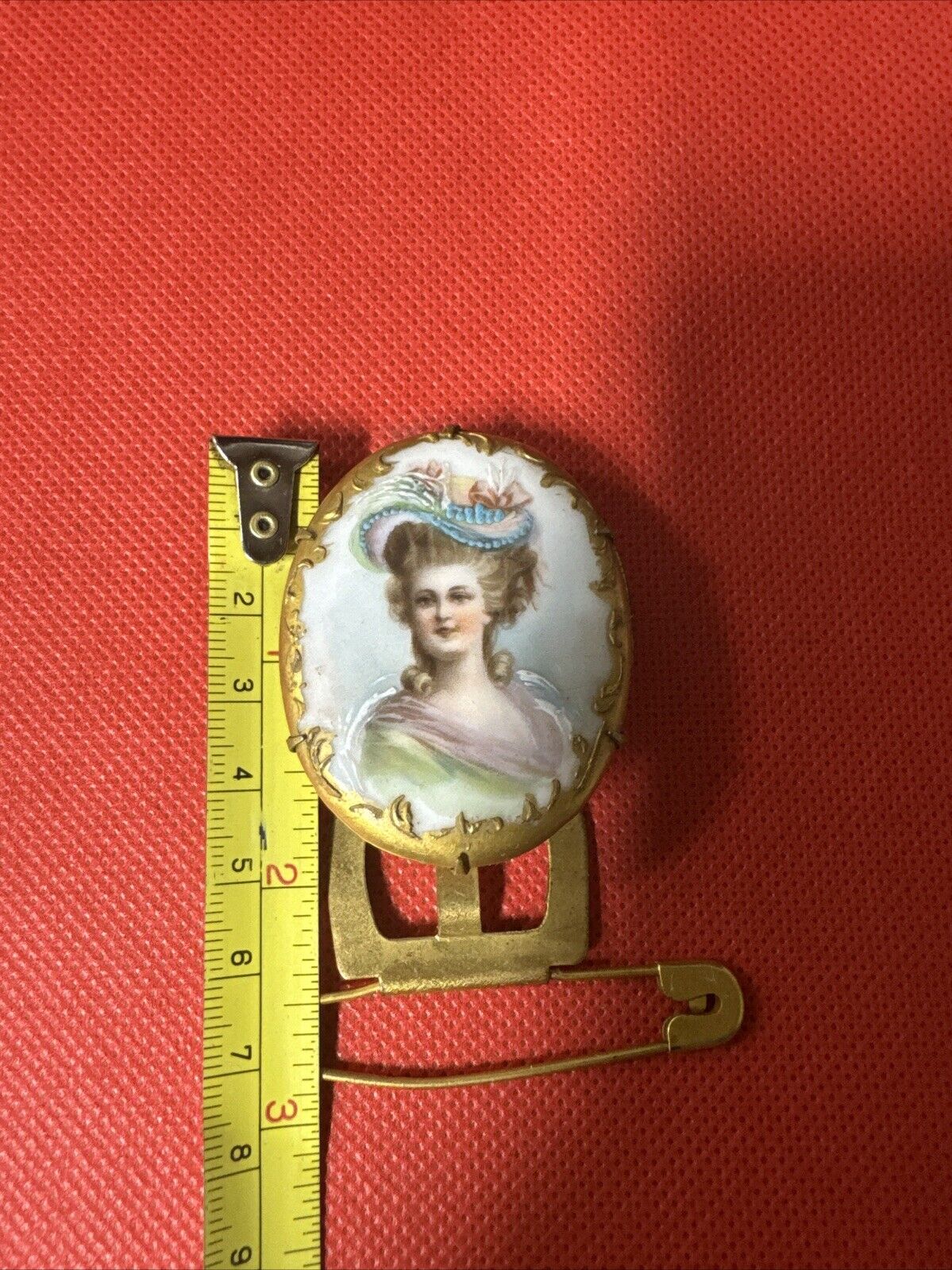 Antique Porcelain Pin Lovely Lady Hand Painted Pink Blue Gold Back Lovely