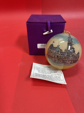 Vintage Reverse Painted Christmas Glass Ornament  3.25” City Hall Philadelphia