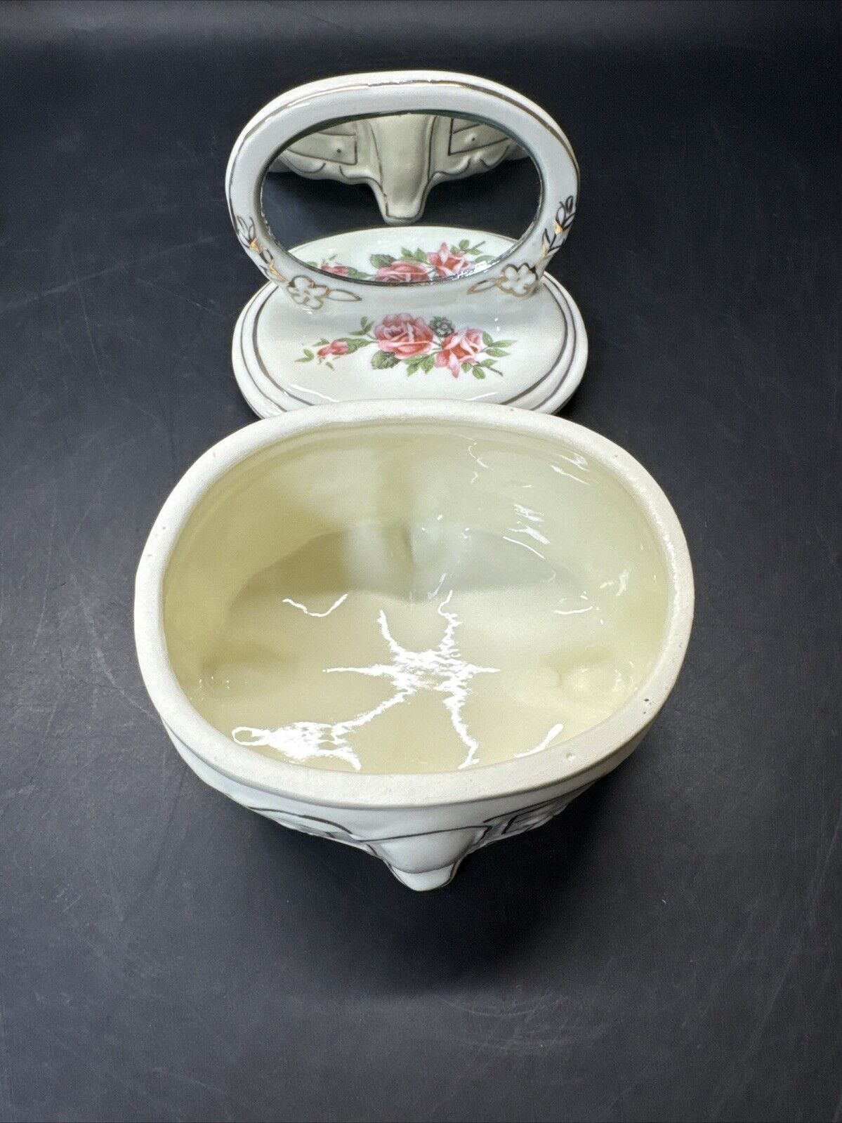 Dresser Jewelry Trinket Vanity Set 2- Mirrors Lidded Footed Floral Porcelain