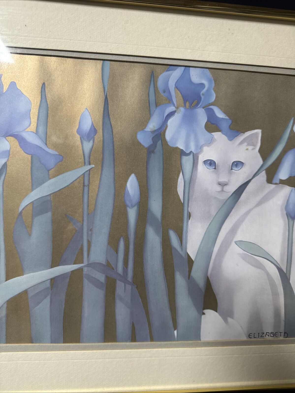 Vintage Elizabeth Brownd Cat Hiding Behind Irises Print