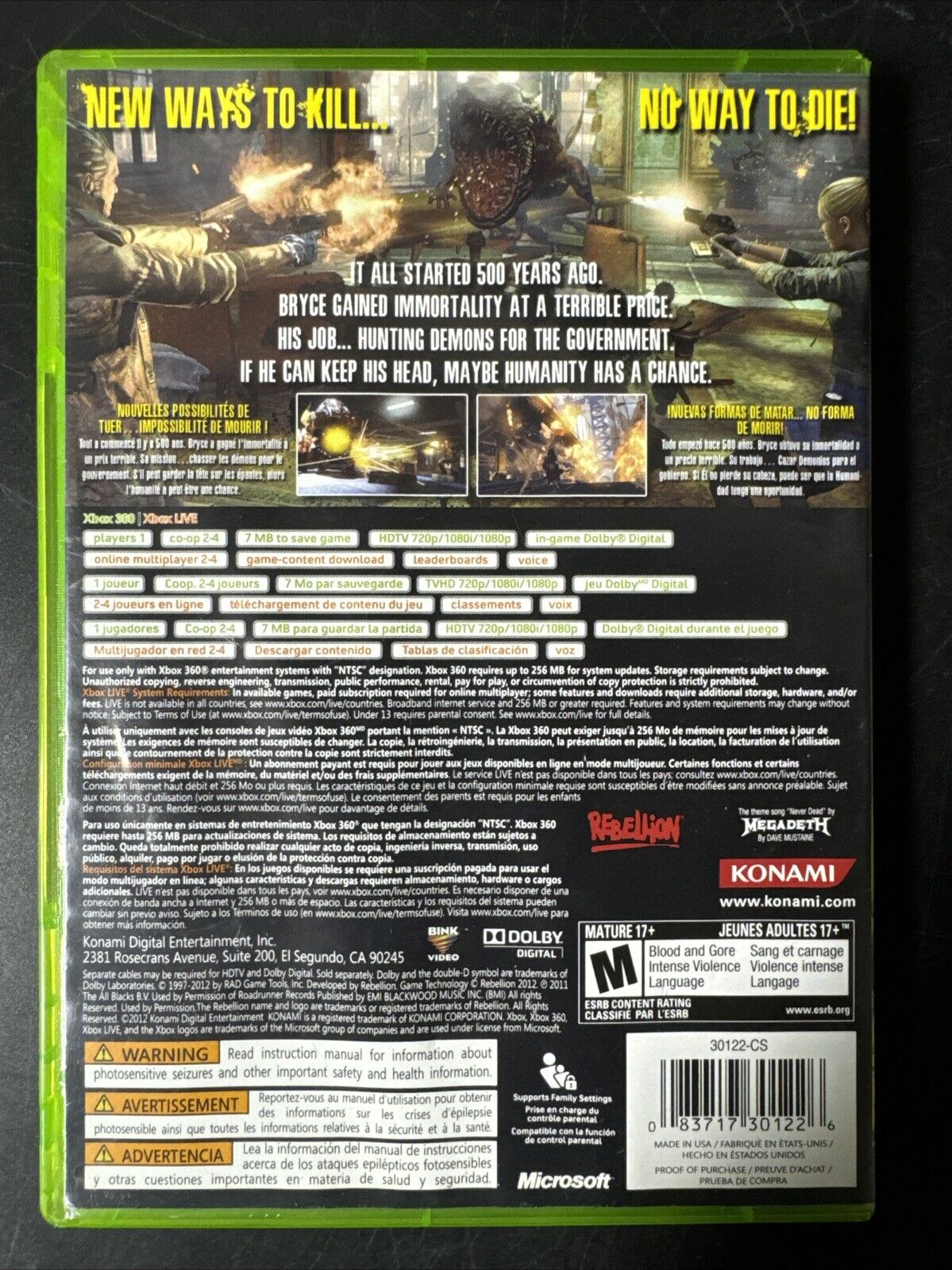 NeverDead (Microsoft Xbox 360, 2012) Complete W/ Manual