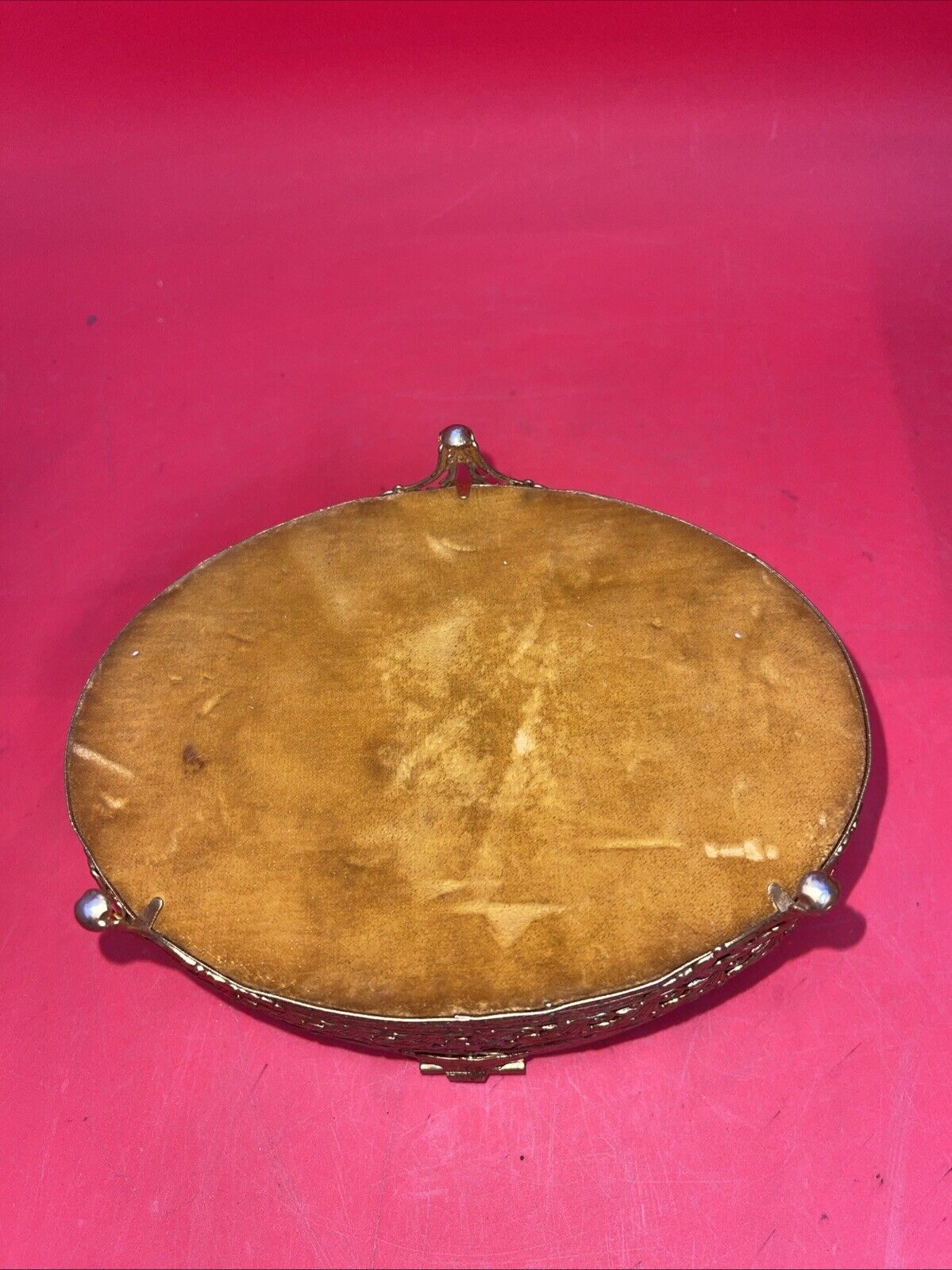 Vintage Gold Ormolu Oval Jewelry Casket Box Gold Velvet Beveled Glass Top 7”