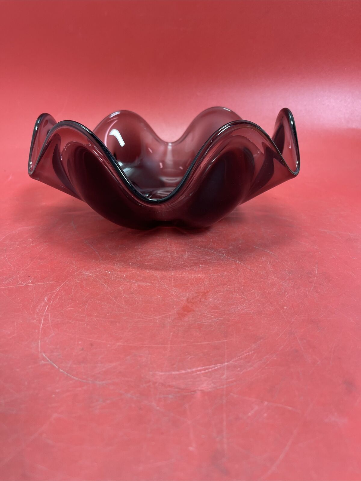 Mid century viking red glass bowl 9 x 3.5”