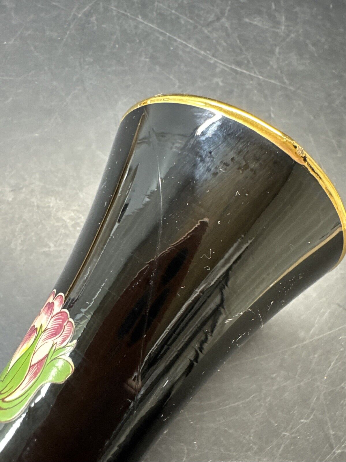 Norleans Black Vase with Pink Flower Oriental Vase Made In Italy Gold Trim