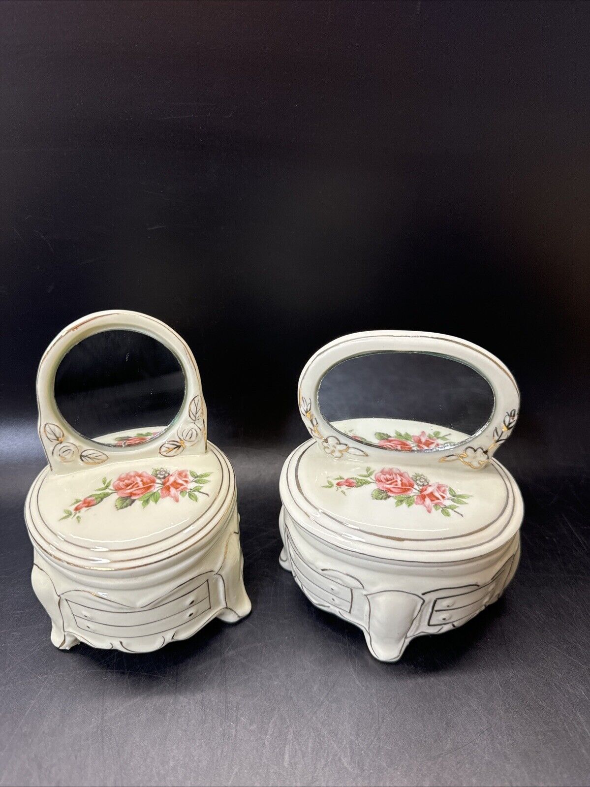 Dresser Jewelry Trinket Vanity Set 2- Mirrors Lidded Footed Floral Porcelain