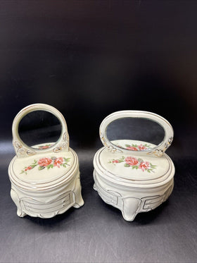 Dresser Jewelry Trinket Vanity Set 2- Mirrors Lidded Footed Floral Porcelain