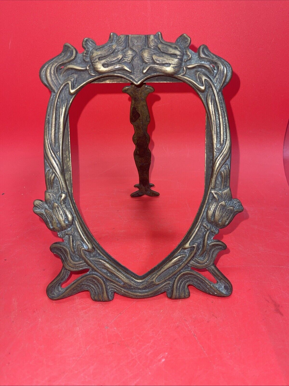 Solid Brass Antique Art Nouveau Heart Shaped Picture Frame 7”x5”