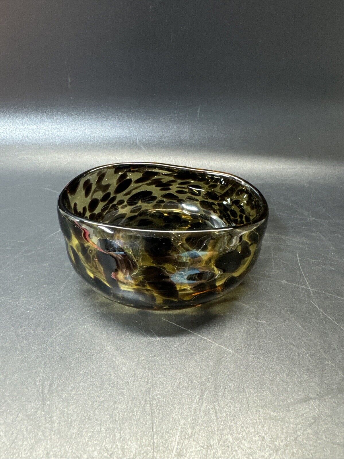 Vintage Hand Blown Amber Tortoise Shell Art Glass Bowl Oval With Folded Edge