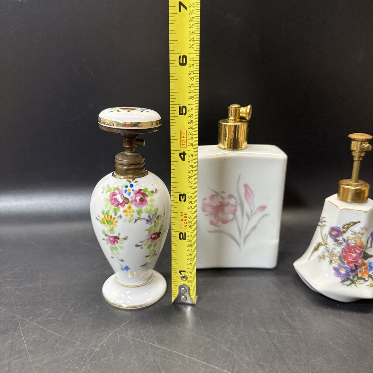 Vintage Perfume Atomizer Bottles Floral Design/ Lot Of 3