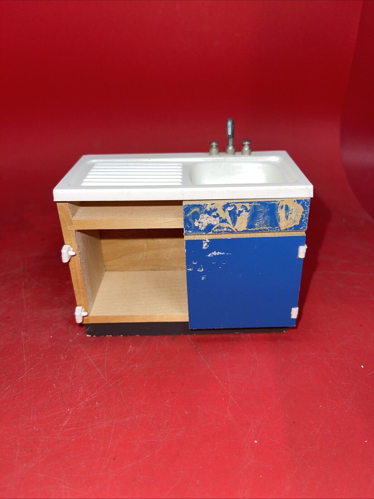 Vintage dollhouse, kitchen stove, refrigerator, sink, cabinets