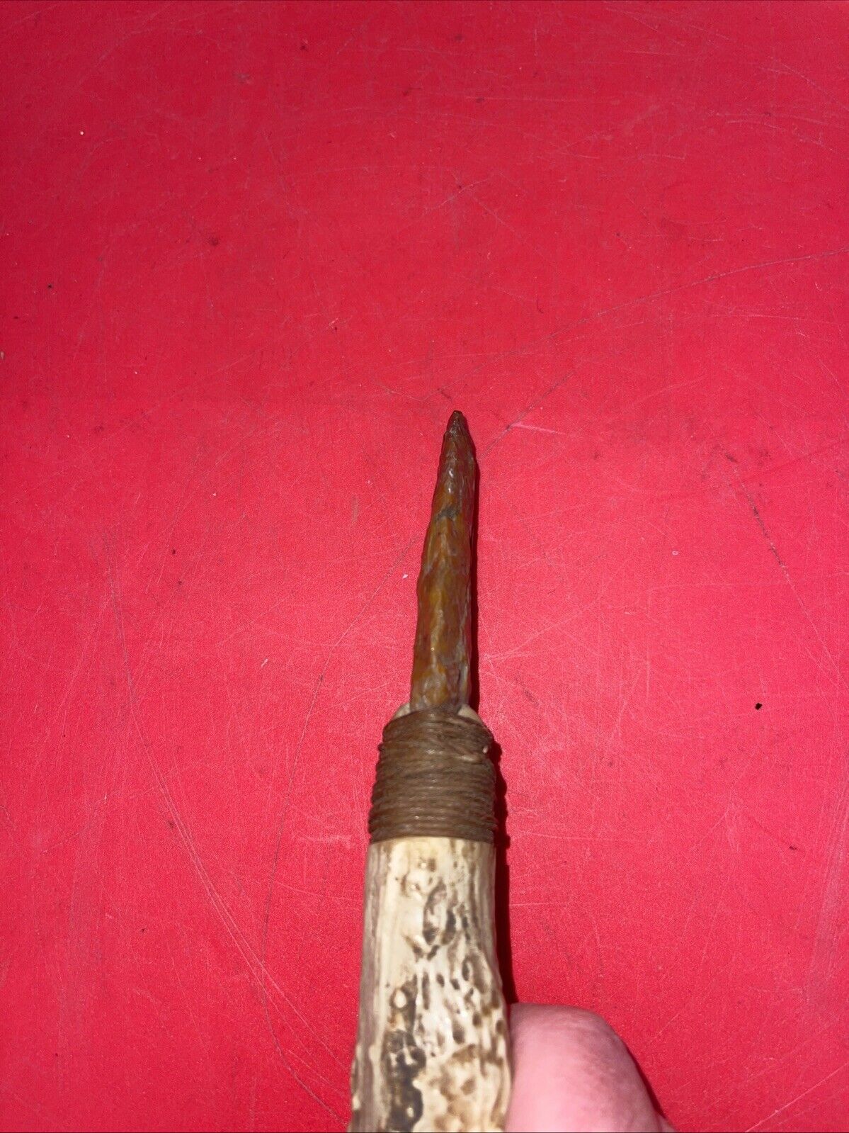 Antique Flint Knife with Deer Antler Handle,  Carving  Indian Face