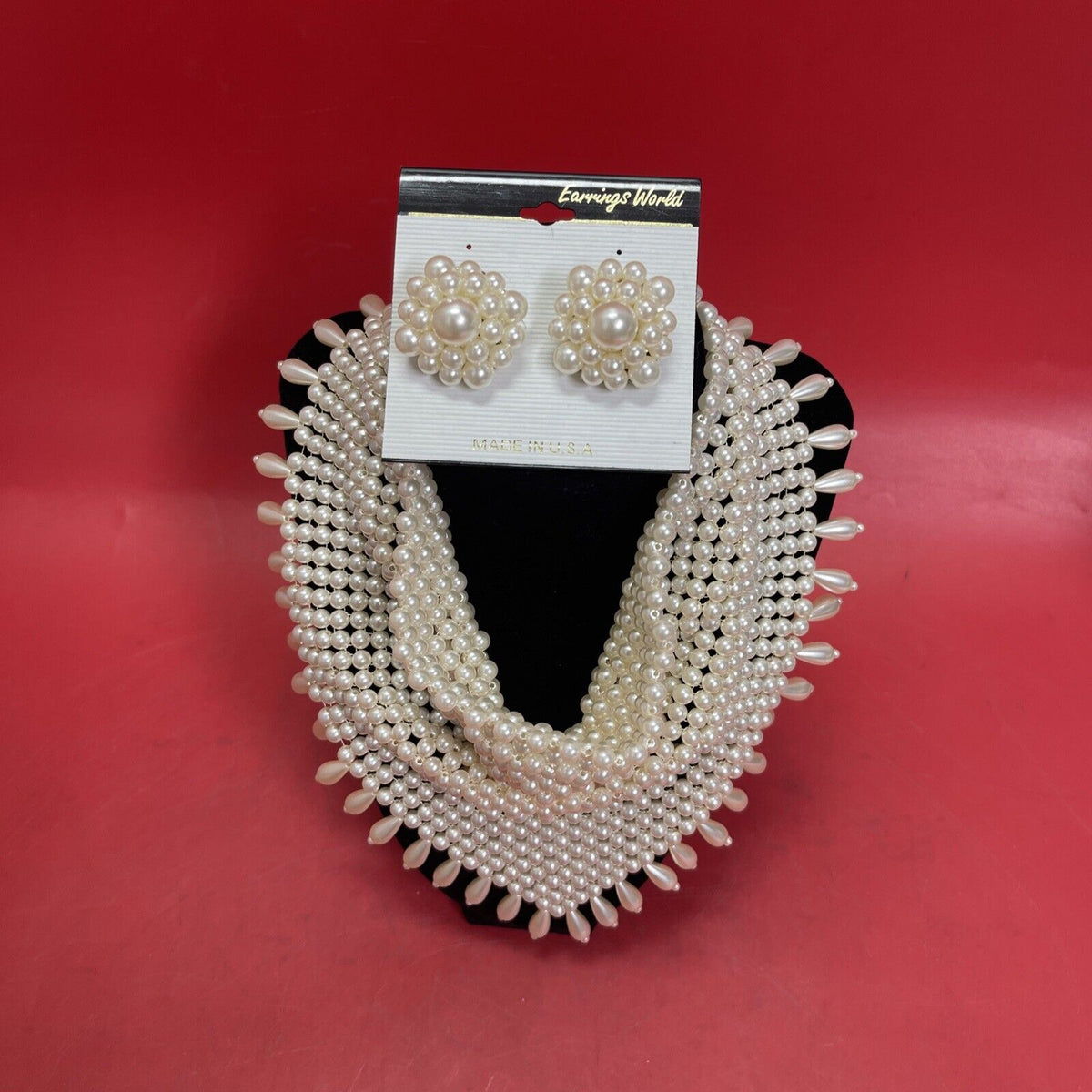 Pearl Bib Statement Necklace Earring Set Oversized Collar Beaded Costume Jewelry