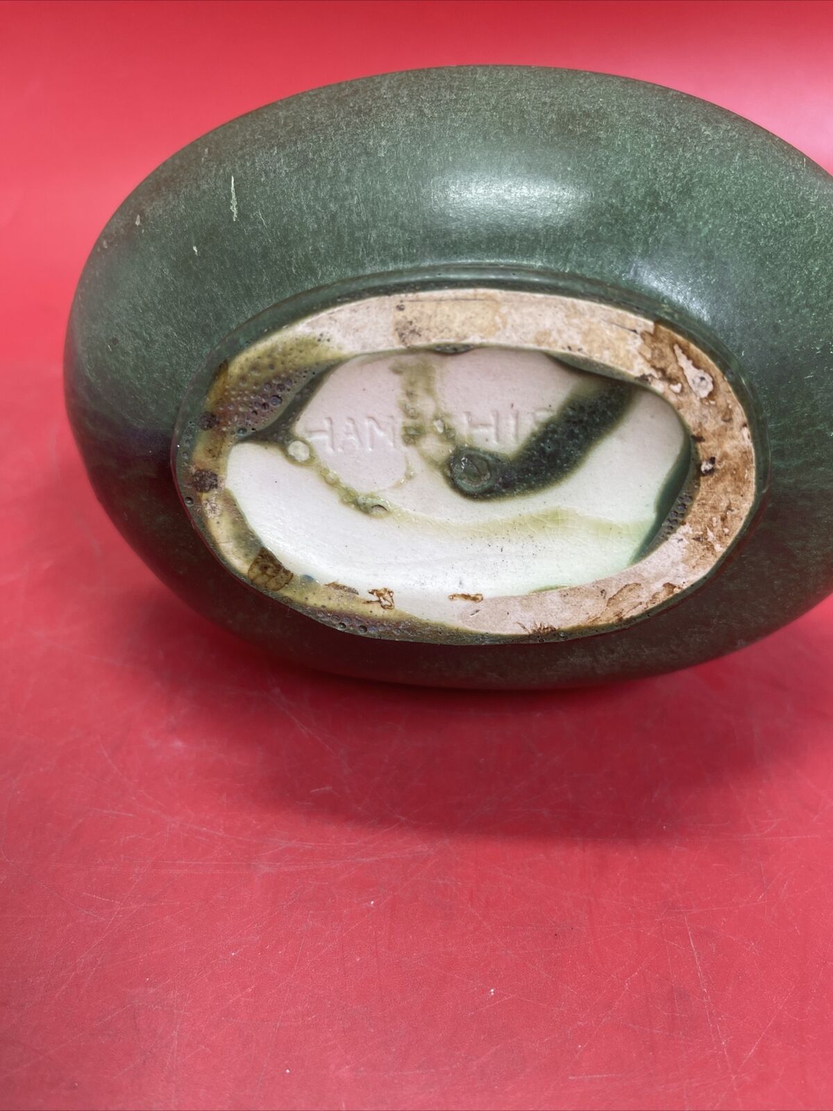 Arts and Crafts Hampshire Matte Green  Pottery Pitcher Vase 6”