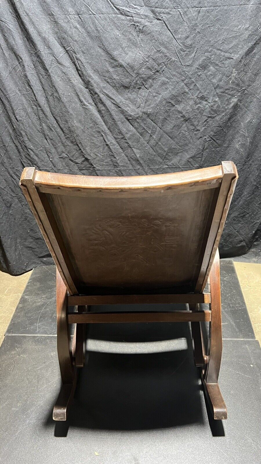 Vintage Rocking chair Peru Aztec Motif Embossed Leather & Wood