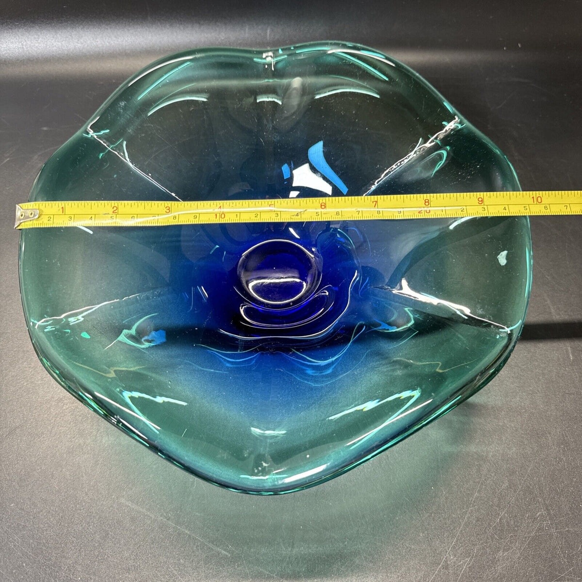 Vintage Murano-Style Cobalt Blue with Green Edges Art Glass Wave Ruffle Bowl 10"