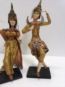 2 Vtg Handmade Thailand Bangkok Cloth Doll Silk Screen Dancer Wood Stand