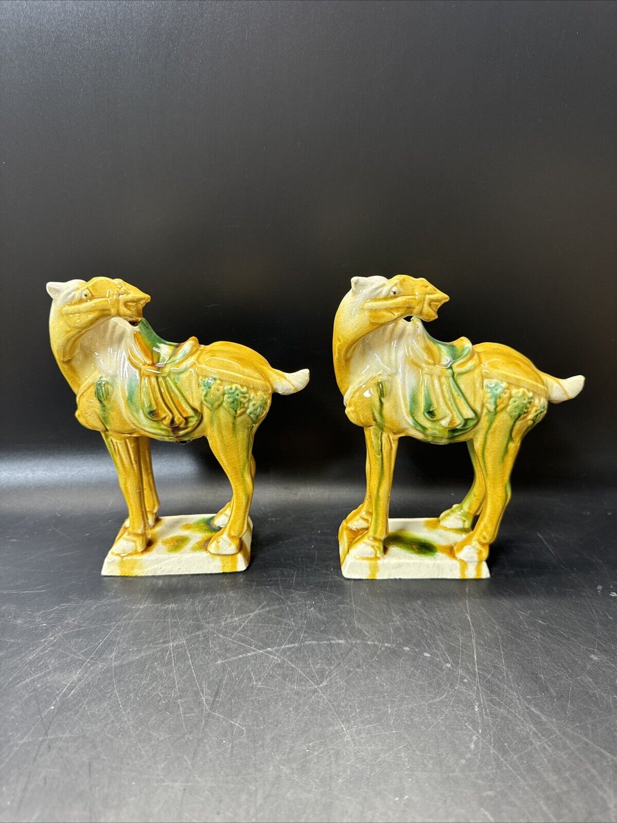 Vintage Drip Style Glaze Ceramic War Horse Figurines/lot 3