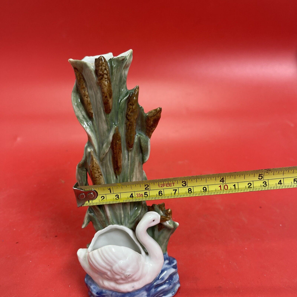 Majolica Swan & Cattails Bud Vase 7” Tall Made in Germany Signed & Numbered