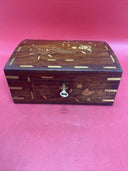 Vintage Handmade Inlaid Wood Jewelry Box W/Key,Gold Inlaid Design,10"x 7"x4"