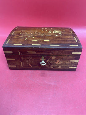 Vintage Handmade Inlaid Wood Jewelry Box W/Key,Gold Inlaid Design,10"x 7"x4"