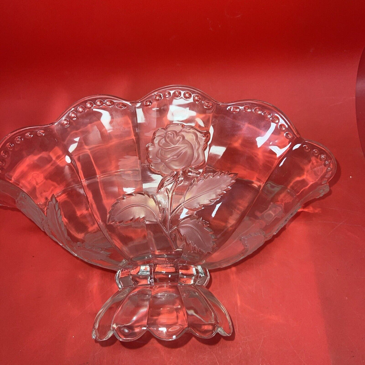 Vtg Imperlux Hand Cut Crystal Footed Centerpiece Bowl Emrossed Frosted Roses