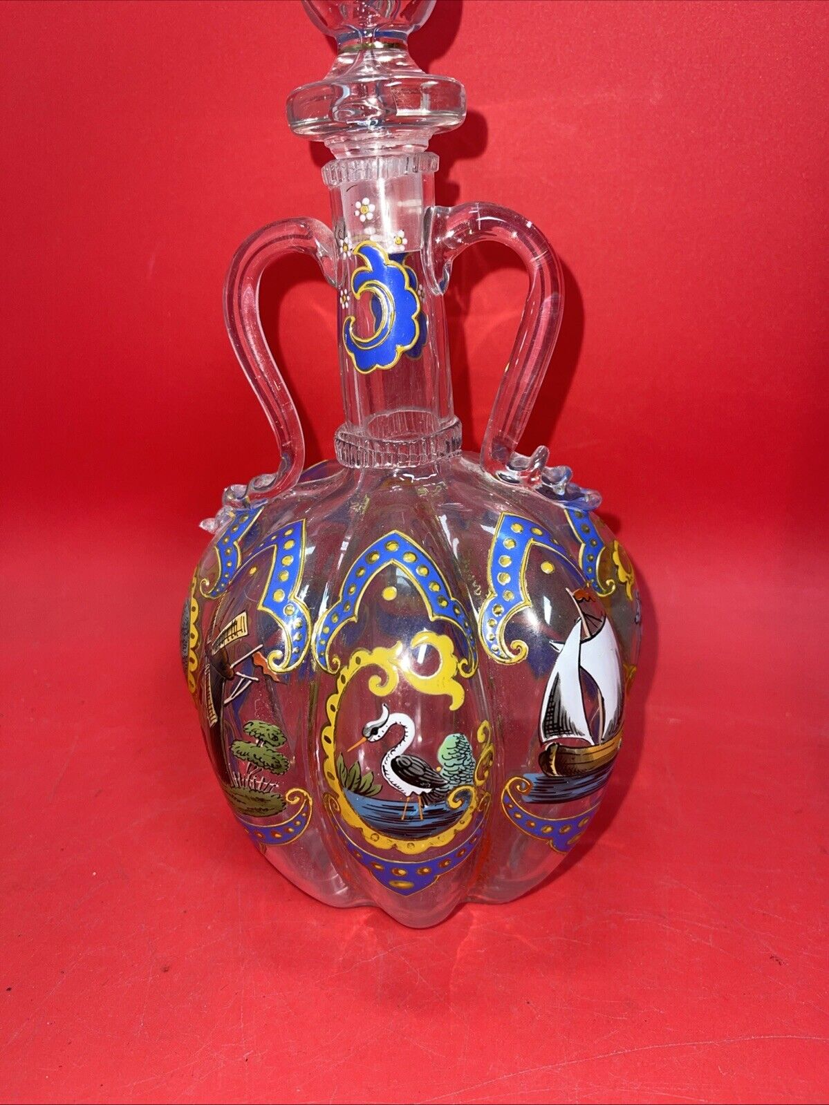Vintage Italian Dutch Hand Painted Art Glass Decanter With Handles