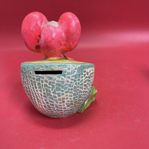 Vintage Chalkware Holiday Fair Mouse in Melon Piggy Coin Bank Neon Kitsch 1960s