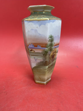 Antique Nippon Morimura Hexagonal Landscape Vase 7.75"