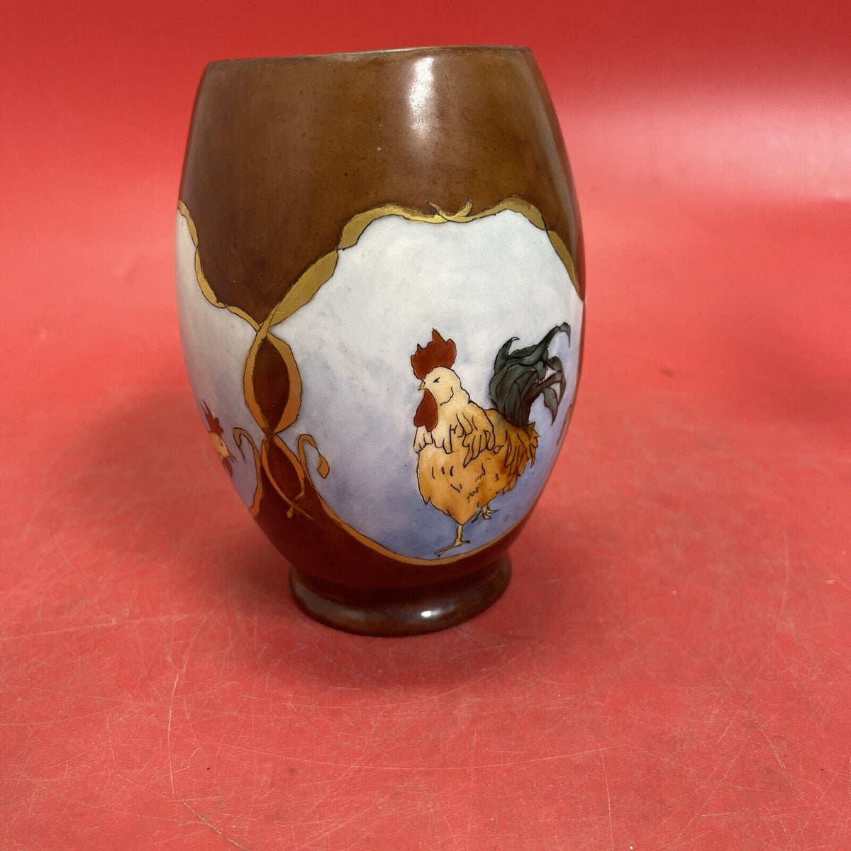 VIENNA AUSTRIA Factory of Count Thun MUG VASE BROWN ,Rooster Antique around 1890