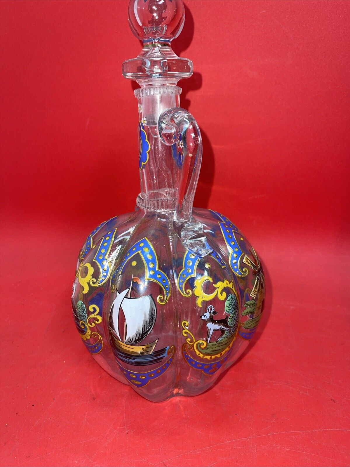 Vintage Italian Dutch Hand Painted Art Glass Decanter With Handles