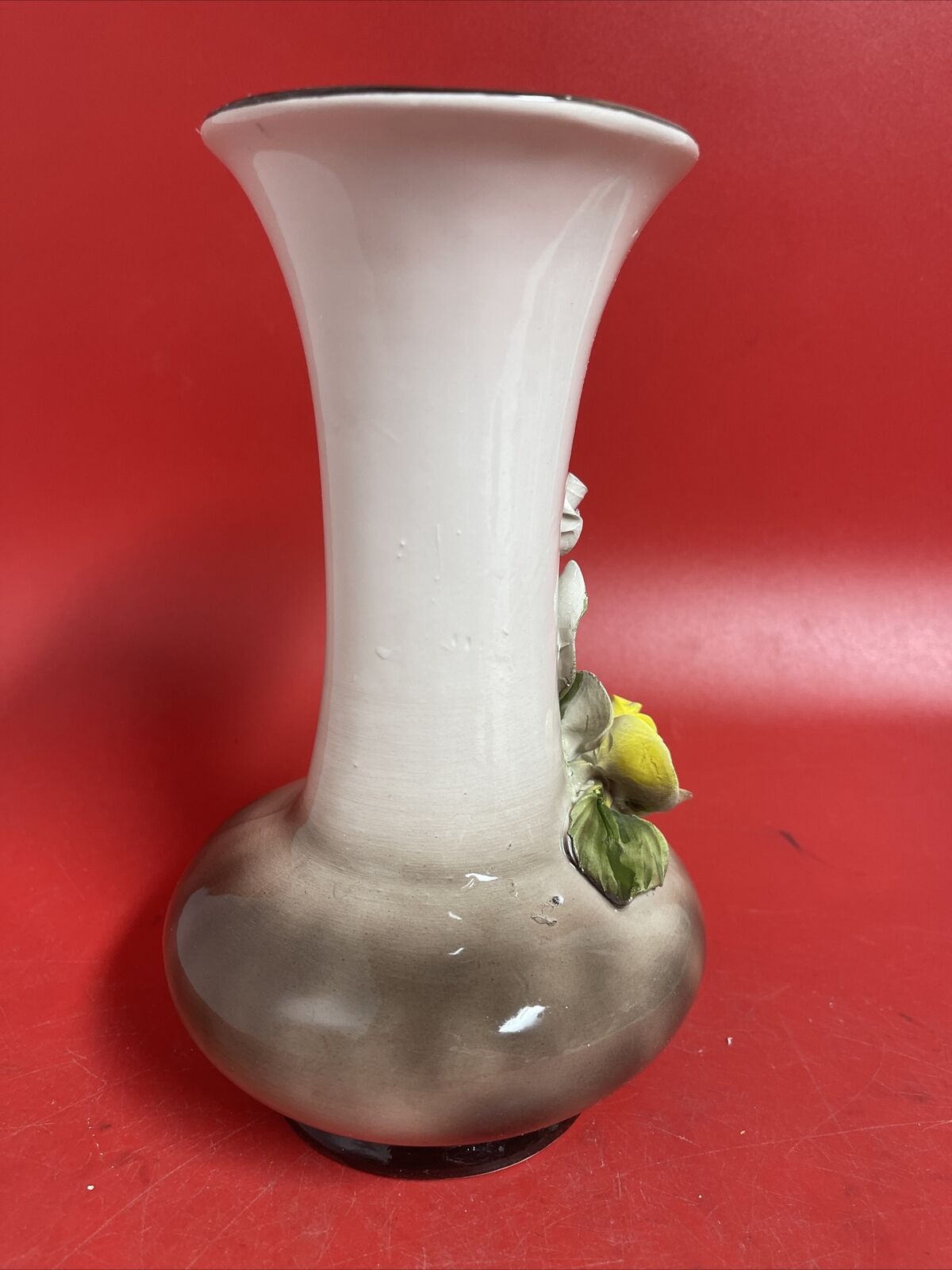 Vintage Capodimonte Porcelain Art Pottery Vase Floral Italy Yellow Flower