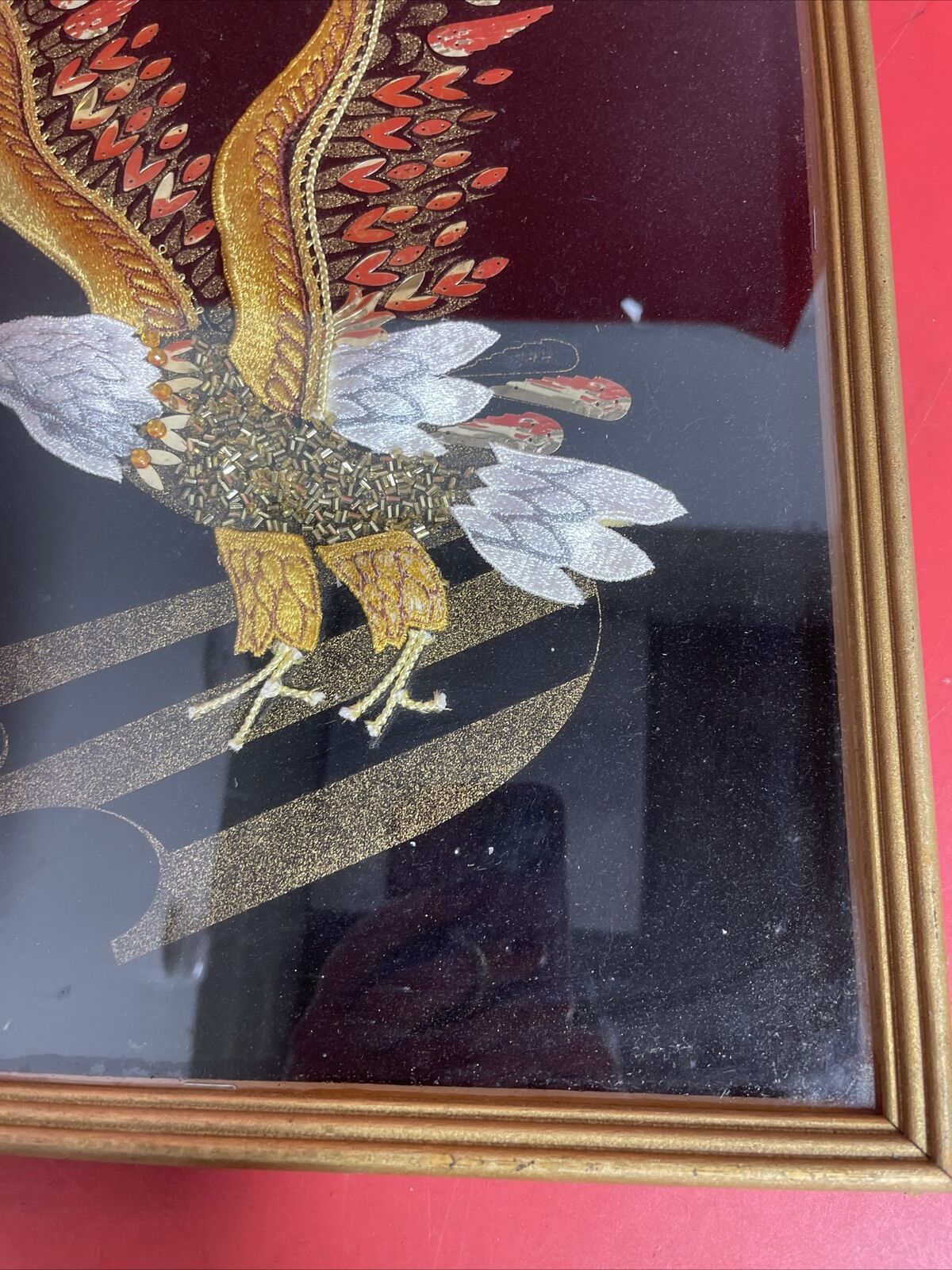 Vtg ART Velvet Bald Eagle Beaded Sequin Embroidered Applique framed under plexi.