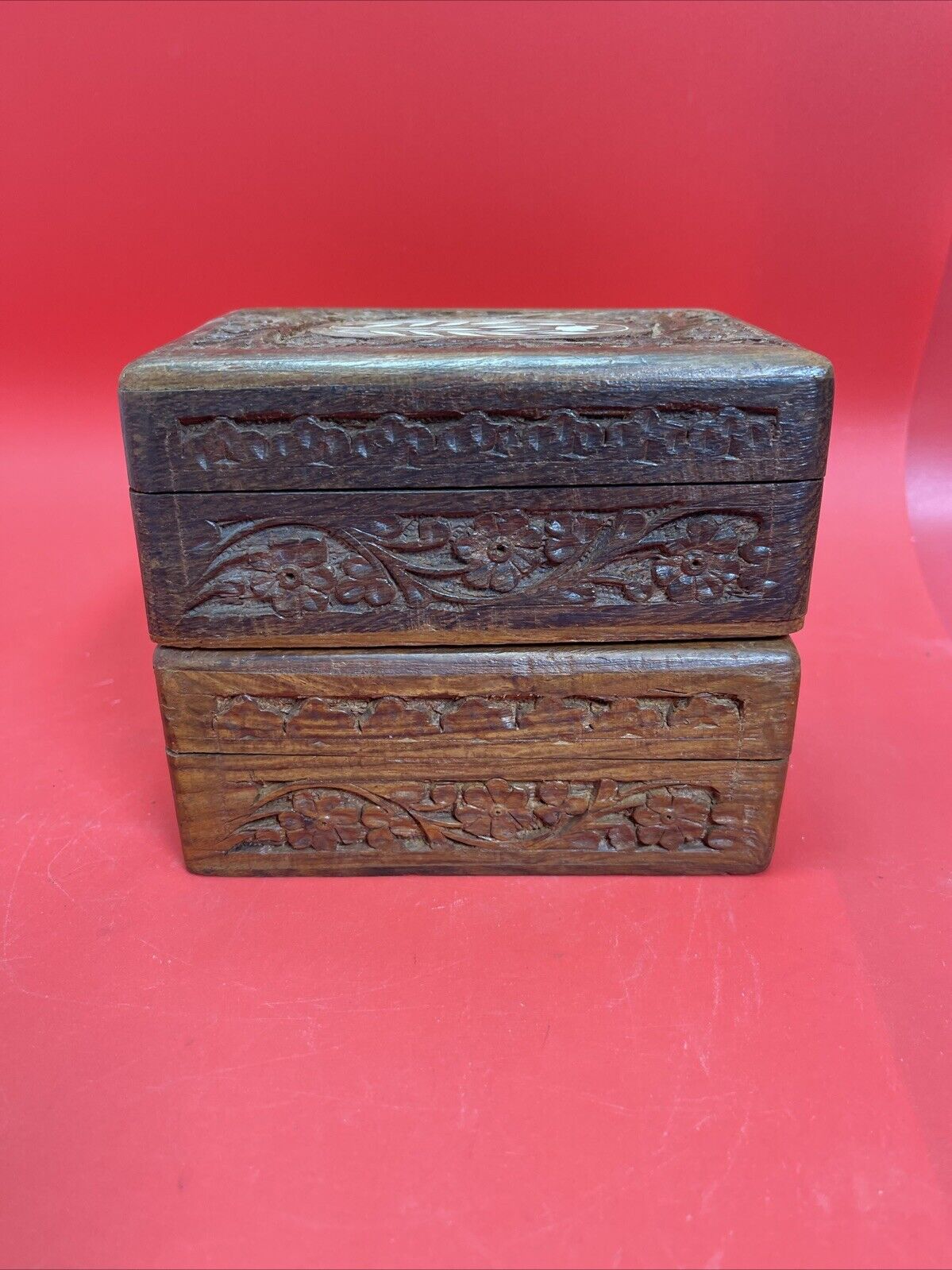 Vintage Hand Carved Teak Wooden Jewelry Trinket Box Made in India Lot 2