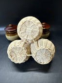 Vintage Rattan Condiment Caddy w/ 3 Stoneware Crocks