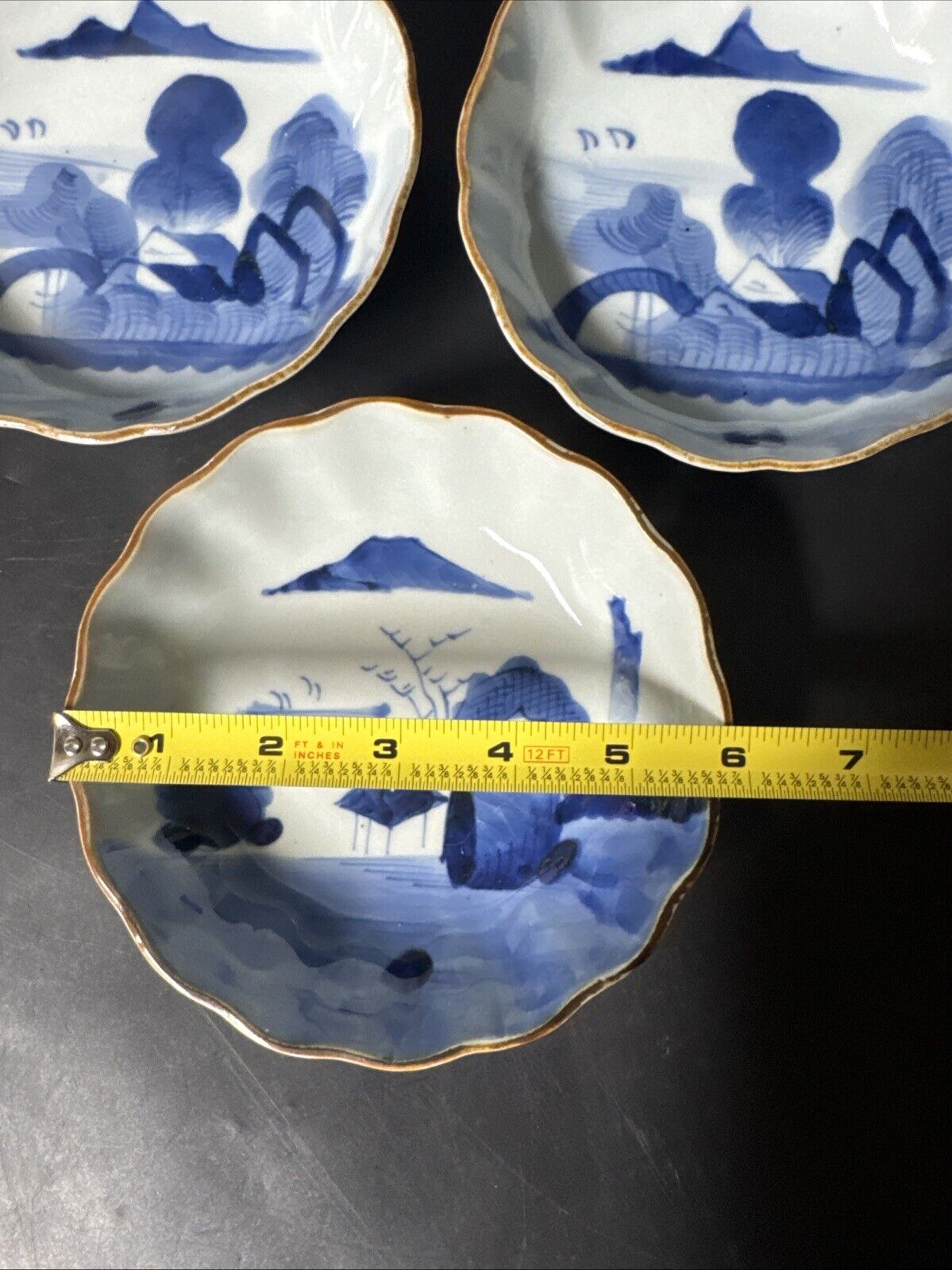 Japanese Ceramic Porcelain Blue White Scalloped Edge Bowls / Set Of 3