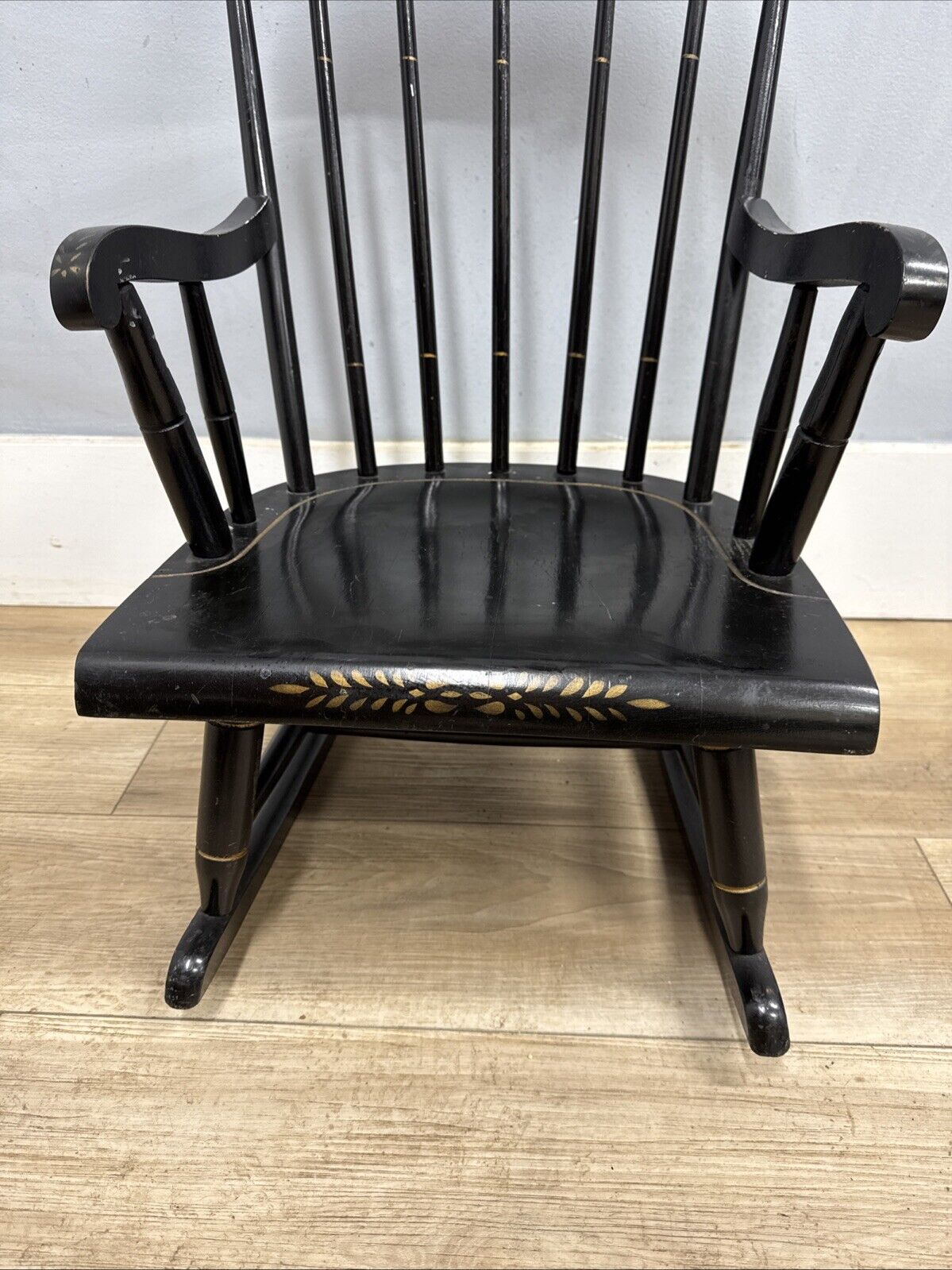 Vintage Nichols and Stone Child's Boston Rocker Stenciled Black Chair Hitchcock