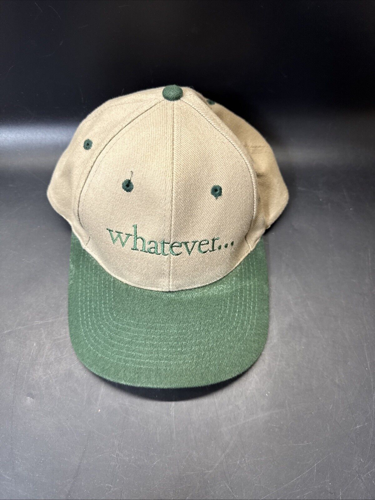 VTG 90s Sayings Snap Back Hat “Whatever” Beige With Green Brim