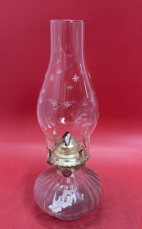 Vintage Clear Glass Oil Lamp Ribbed Design Golden Globe Trademark, Long Wick