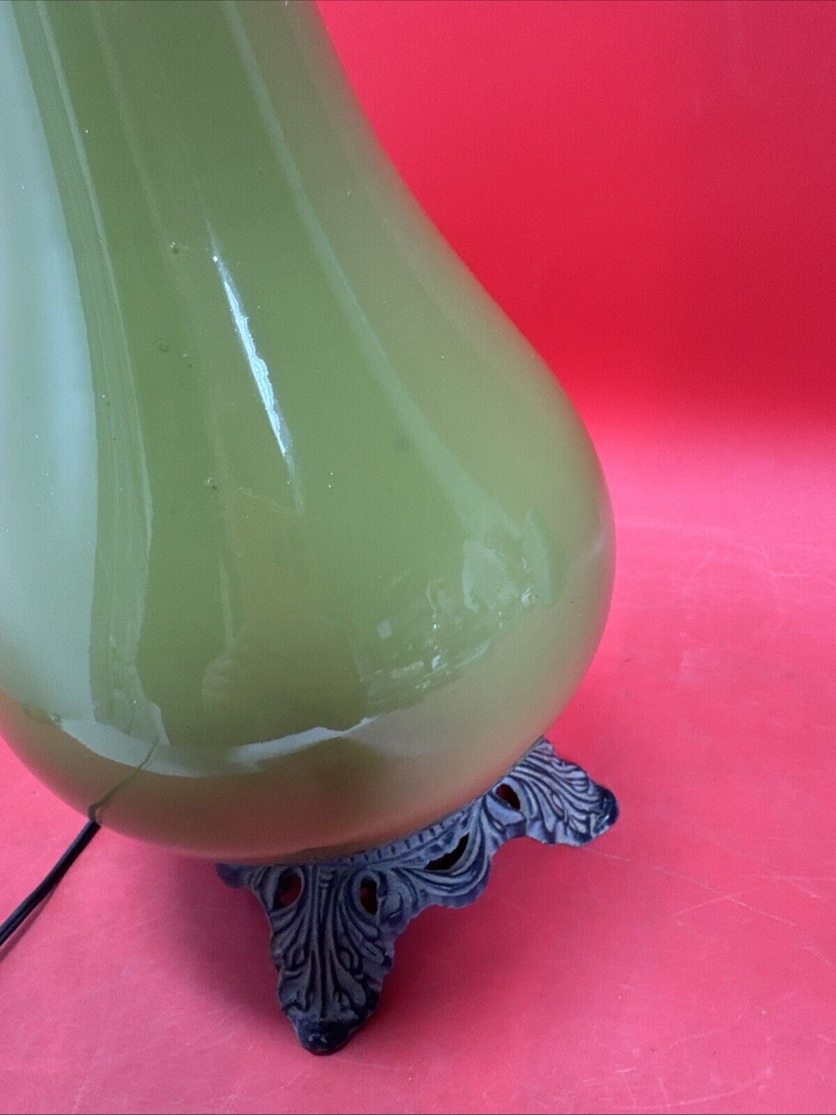 Vintage Gothic Green Porcelain and Brass Table Lamp 29.5” Tall