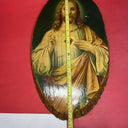 Vintage "Sacred Heart Of Jesus" Wood Slice Plaque 21”x12” With Bark Edge 1950s
