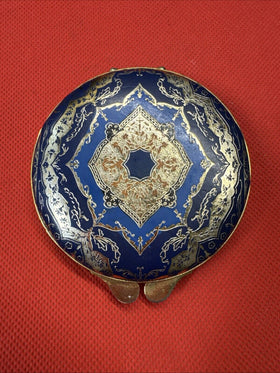 Vintage Blush Compact Feaux Leather Gold Blue Color With Puff, Used