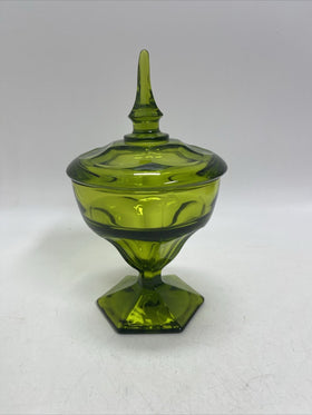 Viking Deep Green Vintage Art Glass Covered Compote Candy Dish Hexagon Base