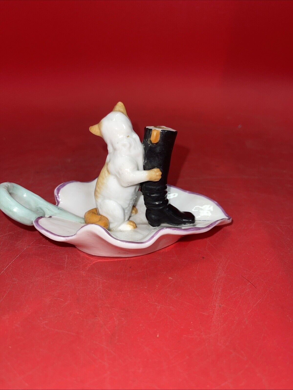 Vintage Ceramic Oval Ashtray Kitten Holding Boot