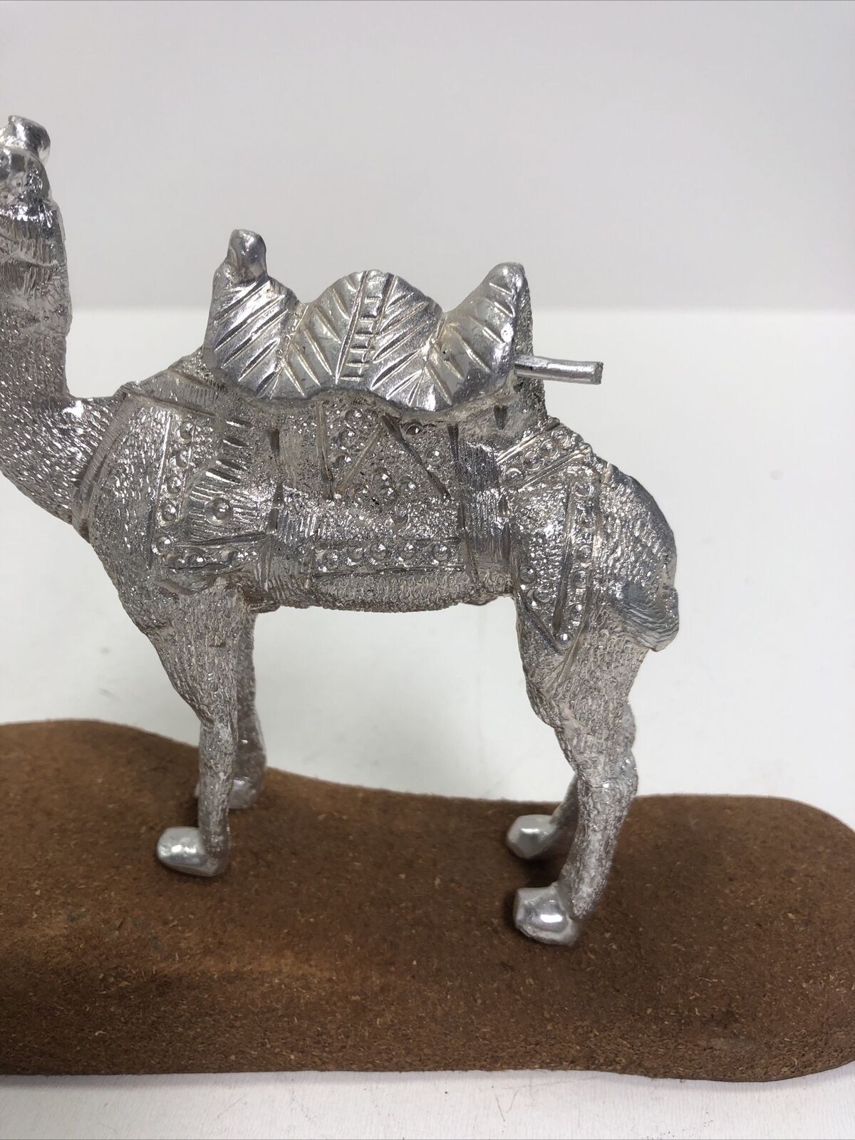 Vintage Set Silver Camel & Man Statue on Wood Stand Sculpture Figurine