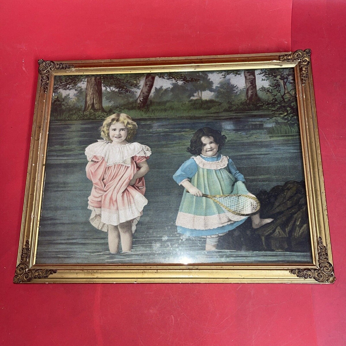 Antique framed lithograph "Children-Girls in the River"