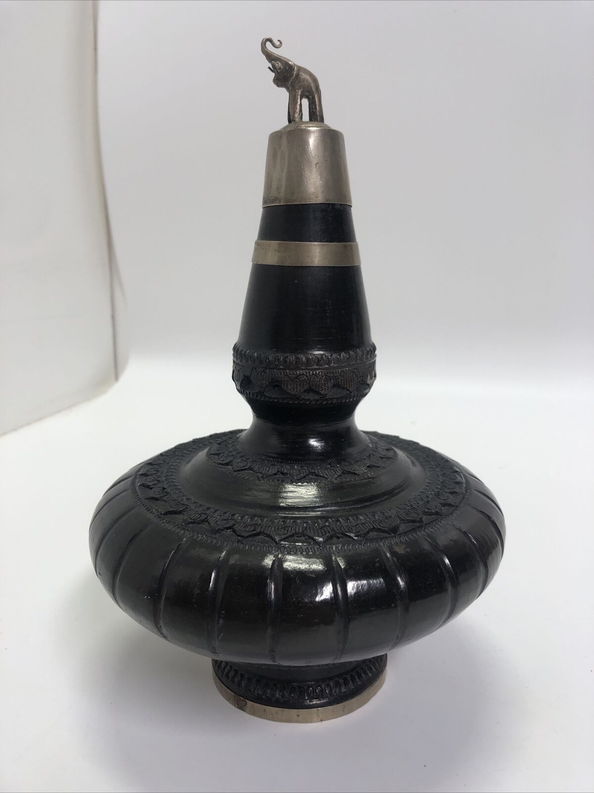 Thai Pottery Carved Bottle with Elephant Finial, Antique