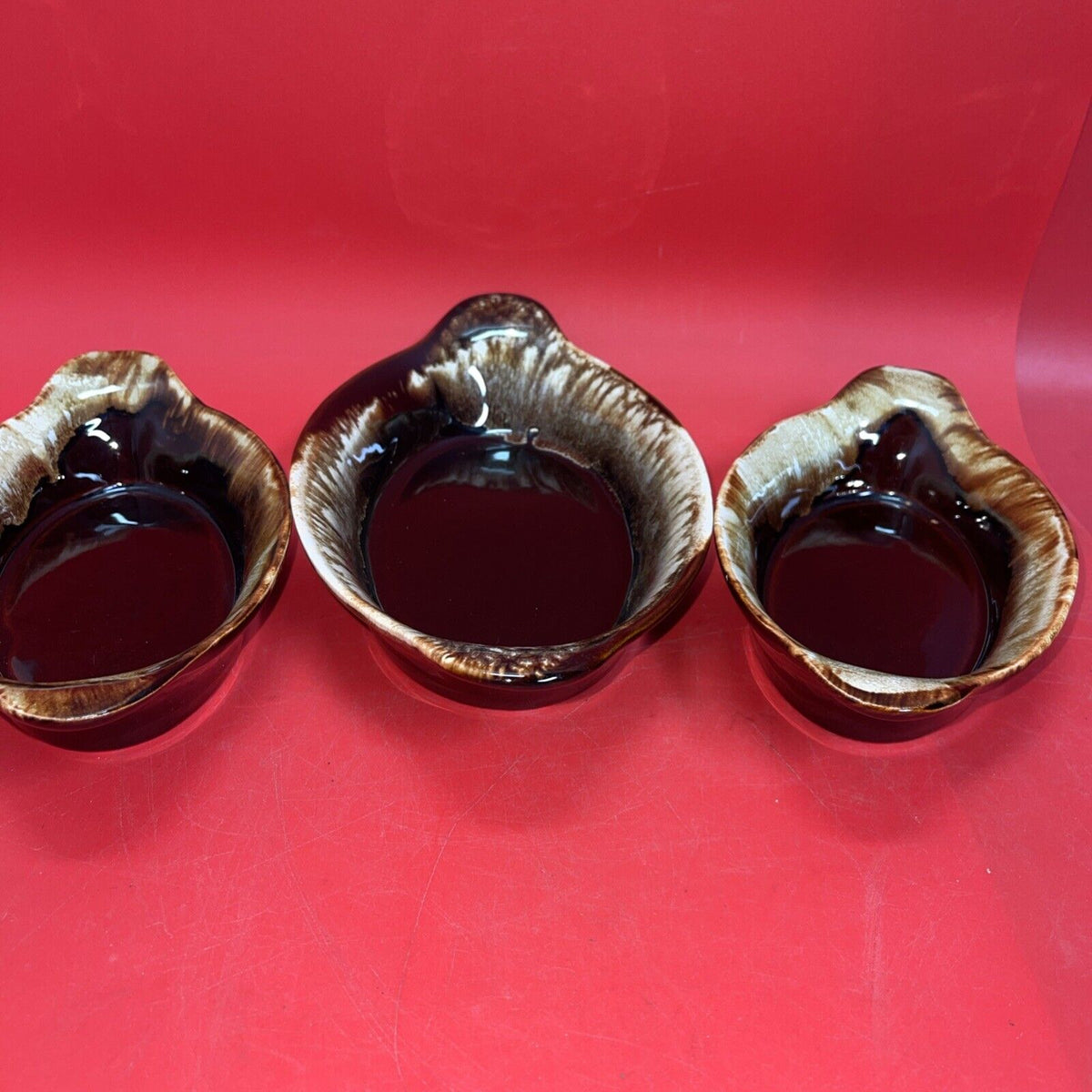 Vintage Set Of 3 Pfaltzgraff Brown Drip Glaze Au Gratin Dishes