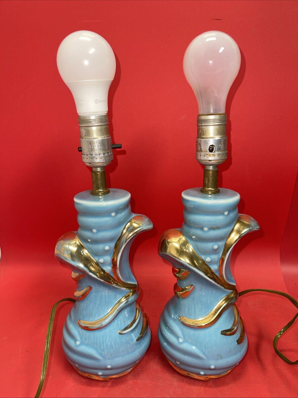 MCM Vtg C. Miller 1956 Ceramic Table Lamp 9" Blue w/ Gold Lot 2