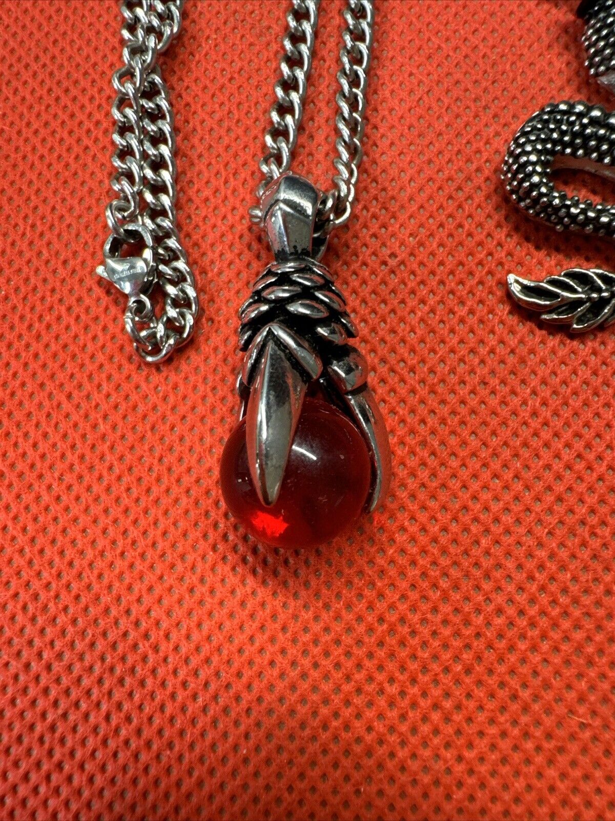Stainless Steel Red Glass Claw Pendant, Necklace, Ring/ Set Of 3
