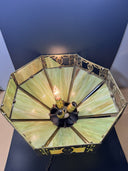 VINTAGE ENGLISH TUDOR TIFFANY STYLE SLAG GLASS HANGING LAMP LIGHT FIXTURE